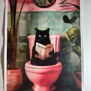 Black Cat Art Print on Pink Toilet